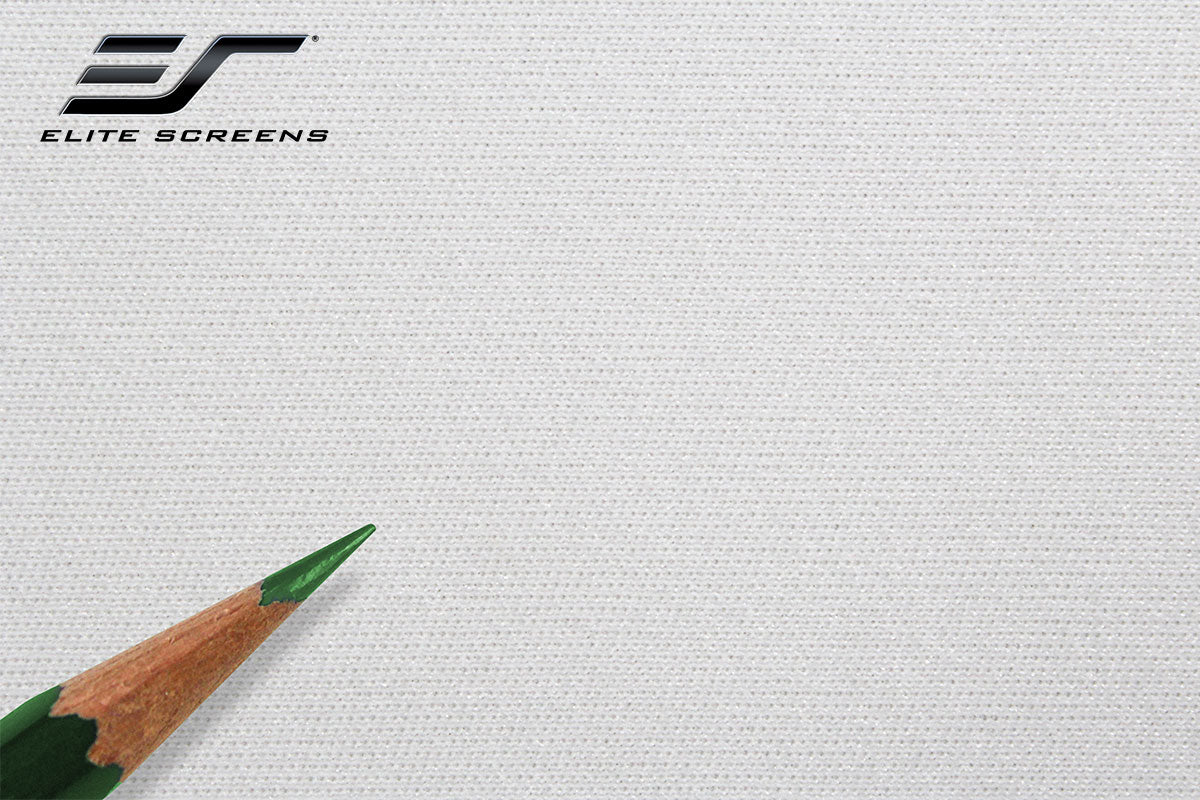 Elite Screens logo on a textured white background with a pencil for scale.
