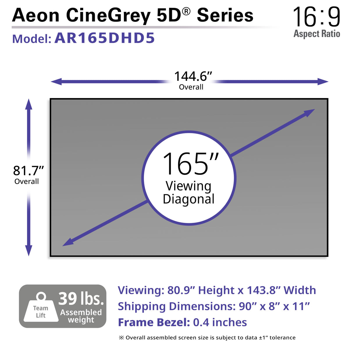 Elite Screens Aeon CineGrey 5D Series Fixed Frame Projector Screen 165" 16:9 dimensions