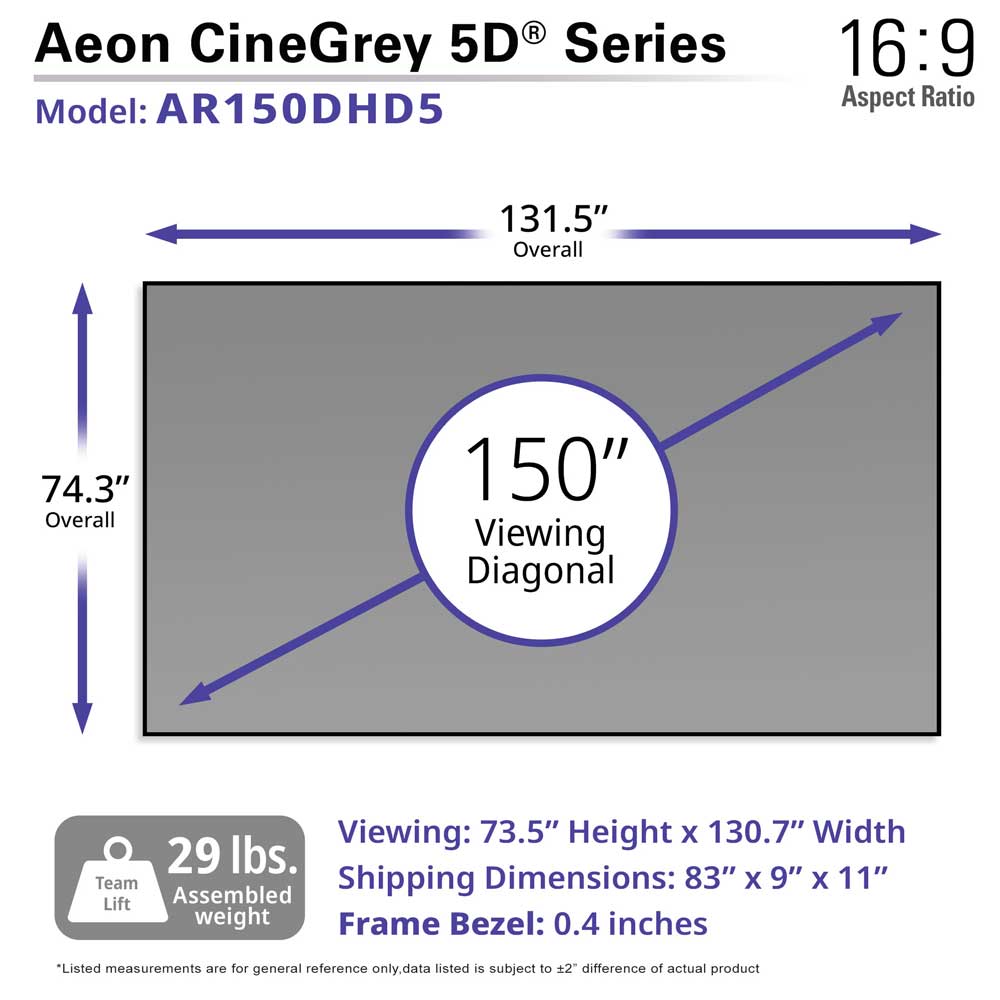 Elite Screens Aeon CineGrey 5D Series Fixed Frame Projector Screen 150" 16:9 dimensions