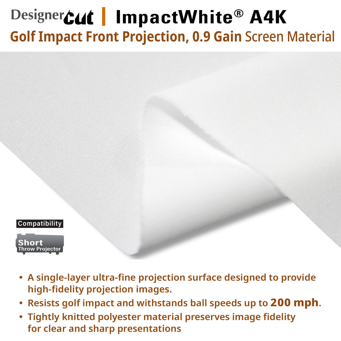 Golf Impact Front Projection screen material with text on a white background