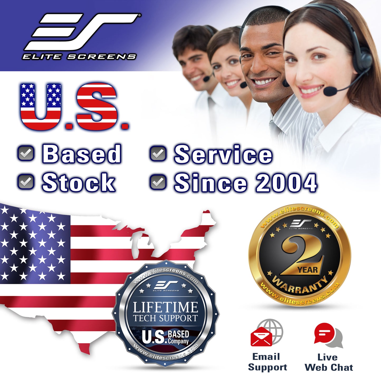 Advertisement for Elite Screens with customer service team, U.S. flag, and warranty information.