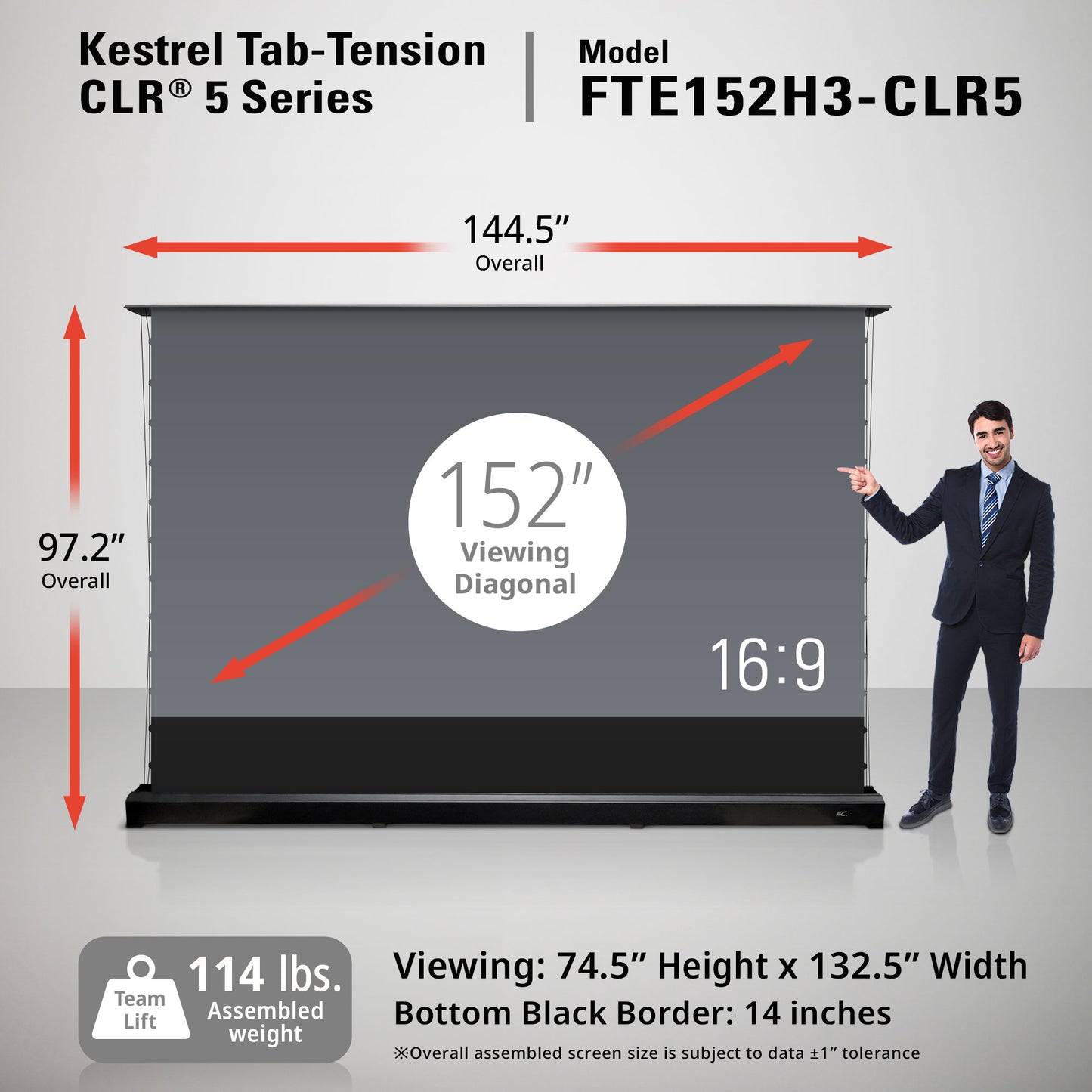 Kestrel Tab-Tension CLR 5 Series display with dimensions and a person for scale.