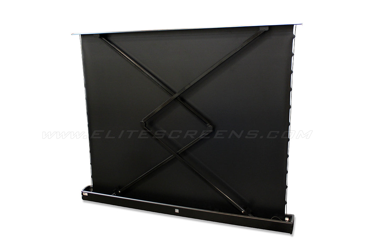 Black projection screen with metal stand on a white background