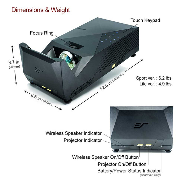 Black UST Projector electronic device with labeled dimensions and features on a white background