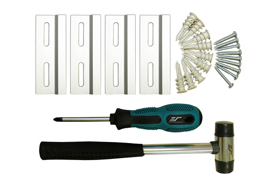 Set of tools and hardware items including screws, a hammer, and a screwdriver on a white background.