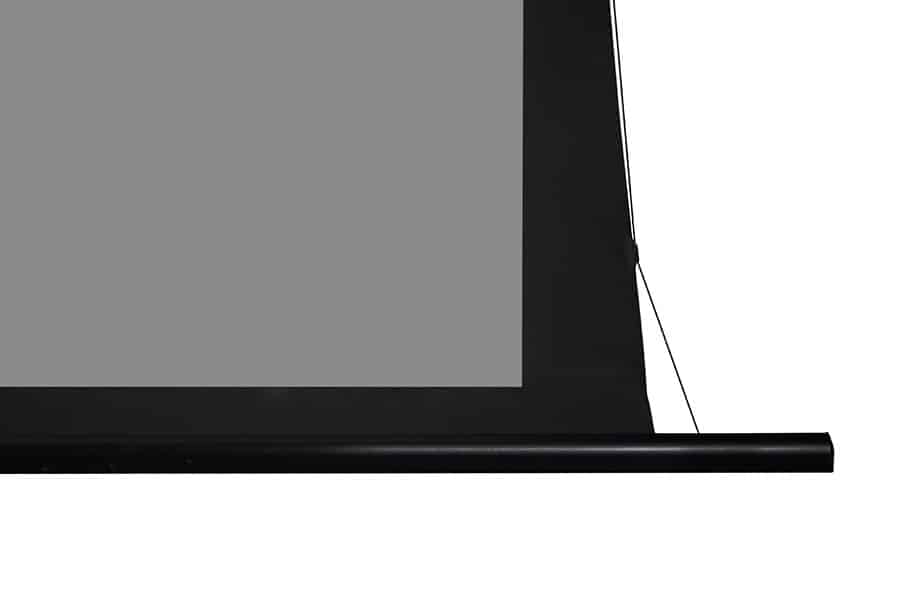 Close-up of a black retractable projection screen frame with a cord pulling the screen down, shown against a white background.