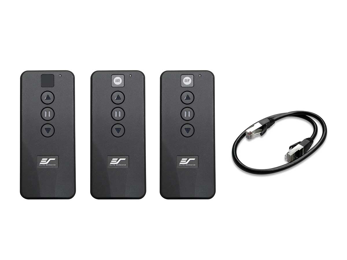 Three black remote controls with a cable on a white background