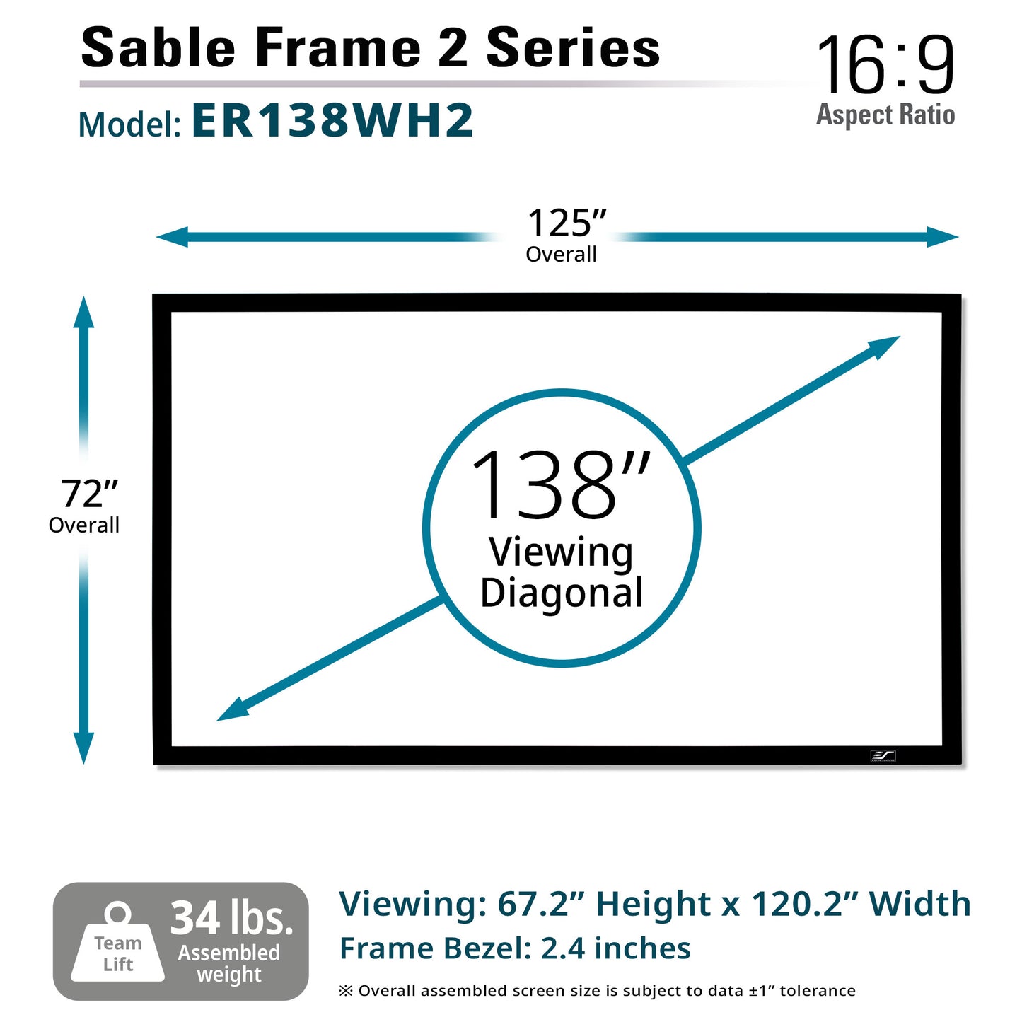 Diagram of a Sable Frame 2 Series screen with dimensions and specifications.