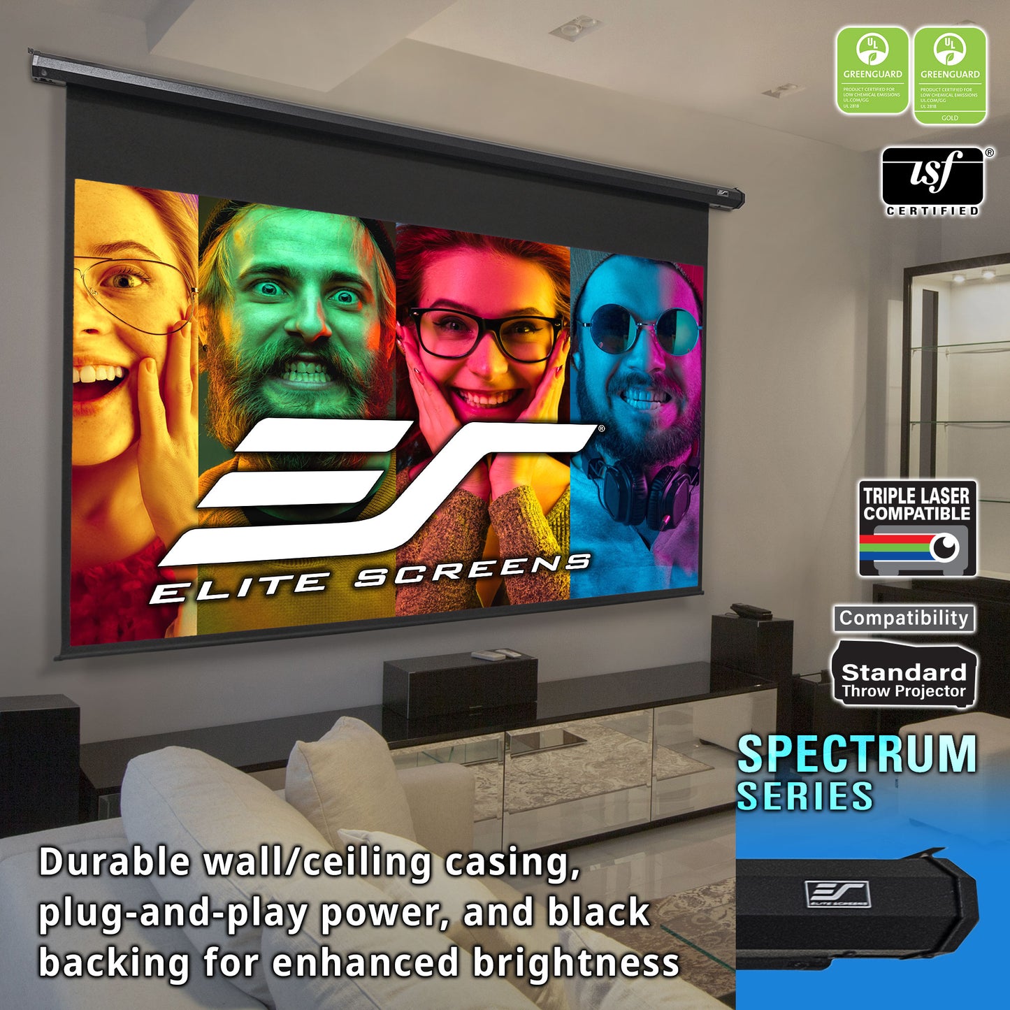 Elite Screens projector screen with colorful faces on a wall in a living room setting.