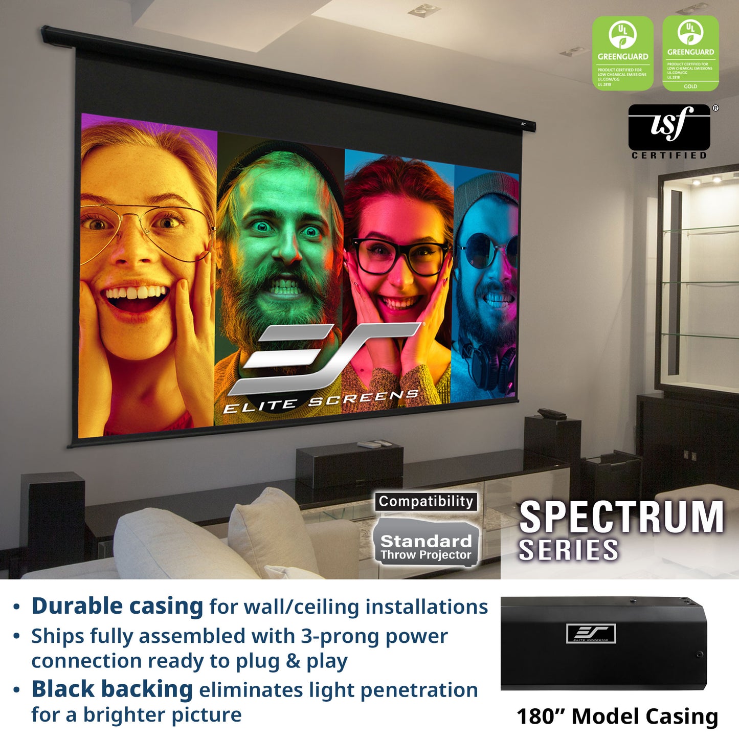 Elite Screens Spectrum Series projector screen in a home theater setting with product features highlighted.