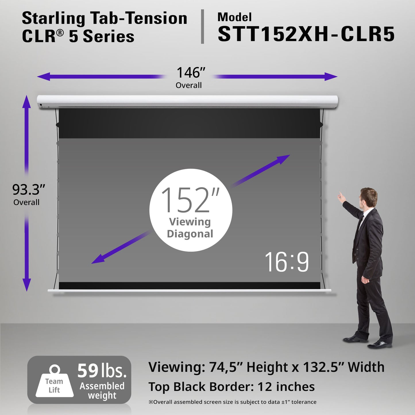 Starling Tab-Tension CLR 5 Series projector screen with dimensions and specifications.