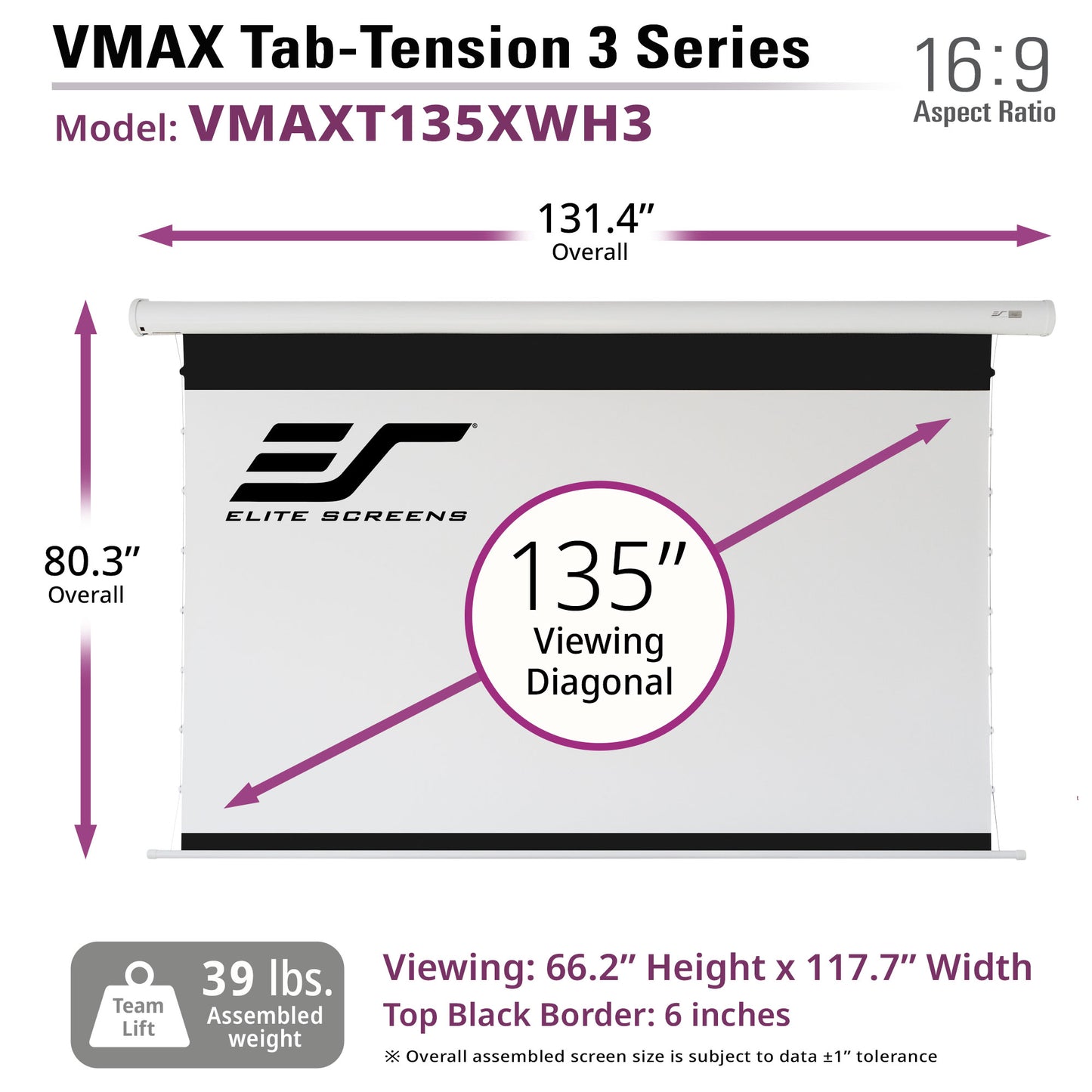 Elite Screens VMAX Tab-Tension 3 Series 135" projector screen with dimensions and specifications.