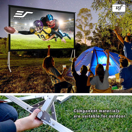 People watching a football game on an outdoor screen with camping setup
