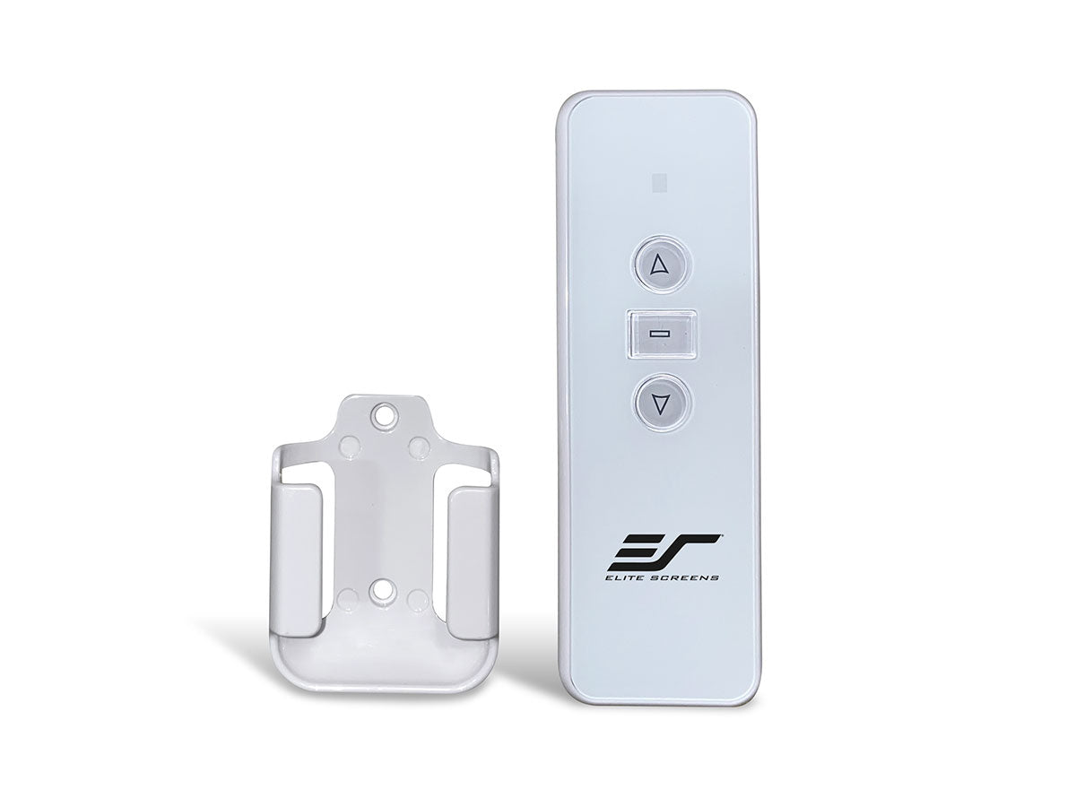 White remote control and cover with Elite Screens logo on a white background