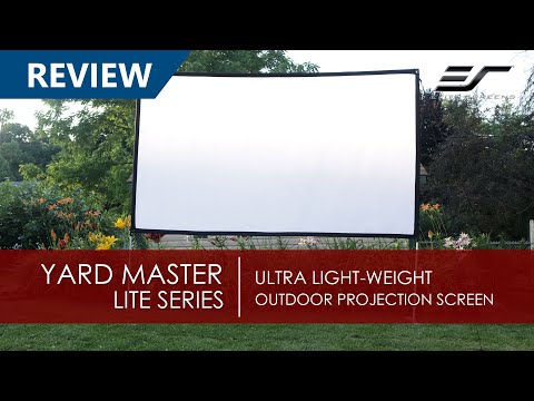 Outdoor projector screen in an outdoor day setting with Elite Screens branding