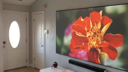 100" Aeon CLR® Fixed Frame Projector Screen in Bright living Room