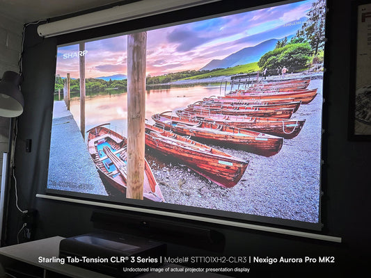 101″ Starling Tab-Tension CLR® 3 – CLR® Electric Retractable Projection Screen with Nexigo Aurora Pro MK2 Projector
