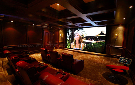 The 200" ezFrame 2 Series is used in a home theater