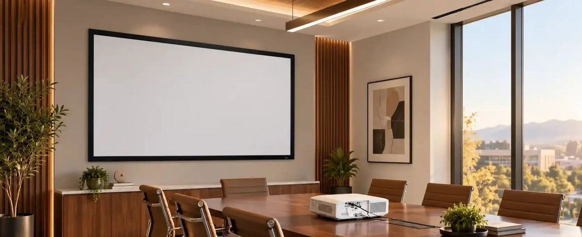 A modern conference room with a large white projection screen on the wall, a long wooden table, brown office chairs, and a projector on the table. The room has large windows with a city view, wood slat paneling, and indoor plants.