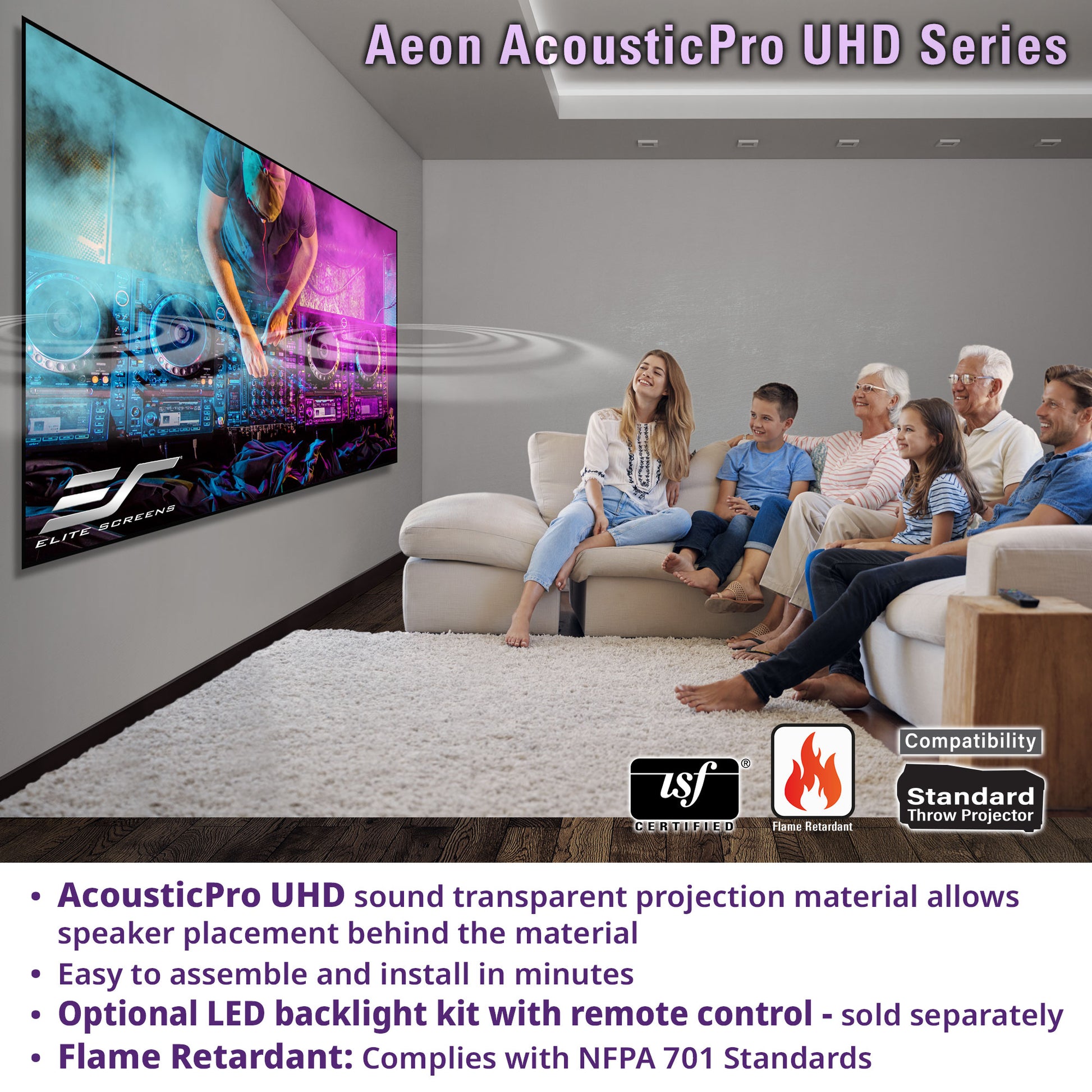 Family watching a large screen TV in a living room with Aeon AcousticPro UHD Series product details.