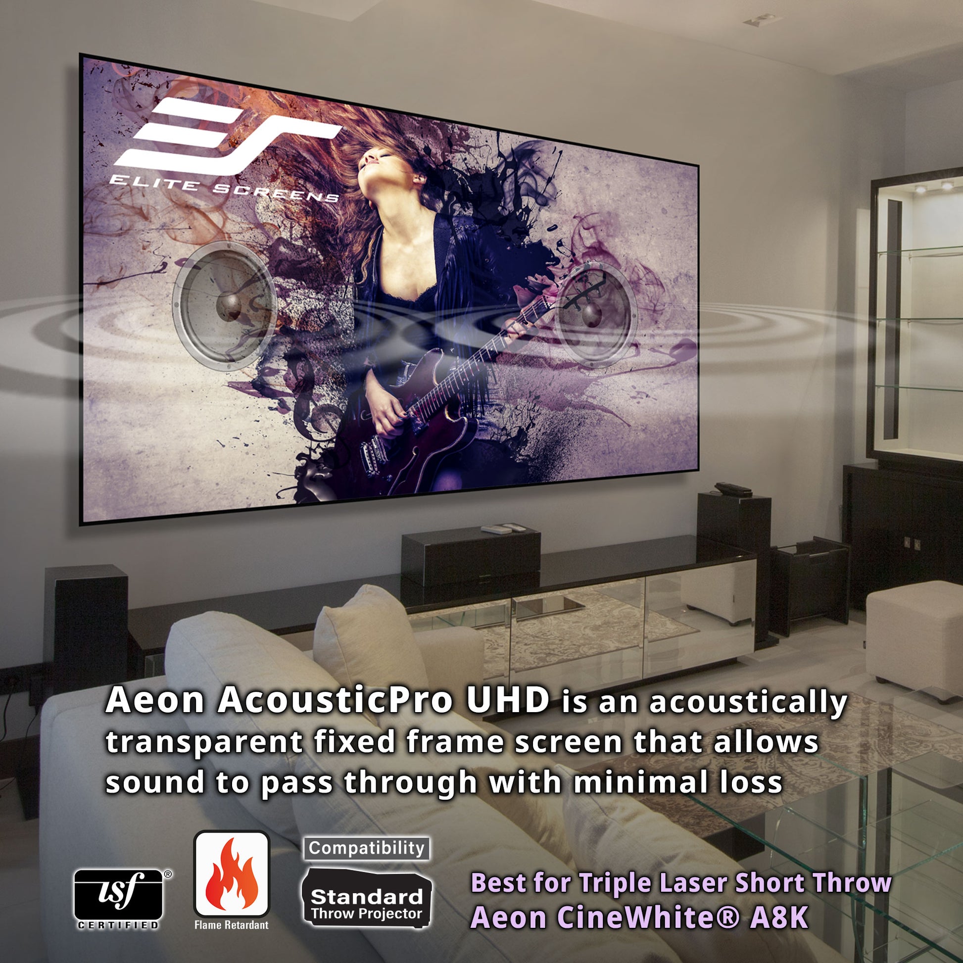 Living room with a large screen displaying Elite Screens Aeon AcousticPro UHD technology.