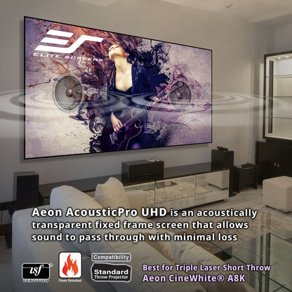 Living room with a large screen displaying Elite Screens Aeon AcousticPro UHD technology.