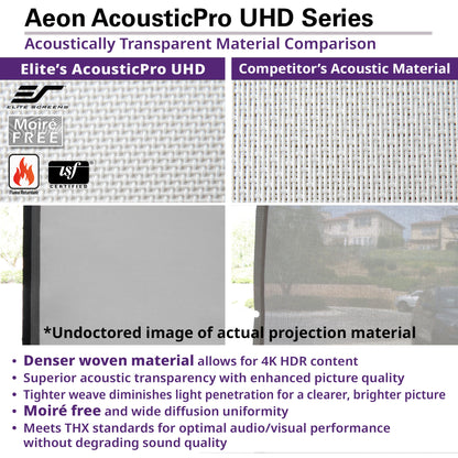 Comparison of Aeon AcousticPro UHD series material with competitor's material, highlighting features like moiré free and THX standards.