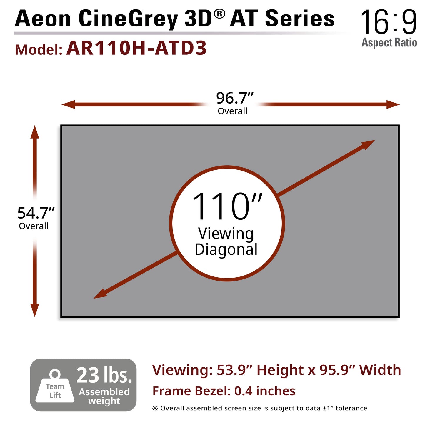 Aeon CineGrey 3D AT Series screen with dimensions and specifications.