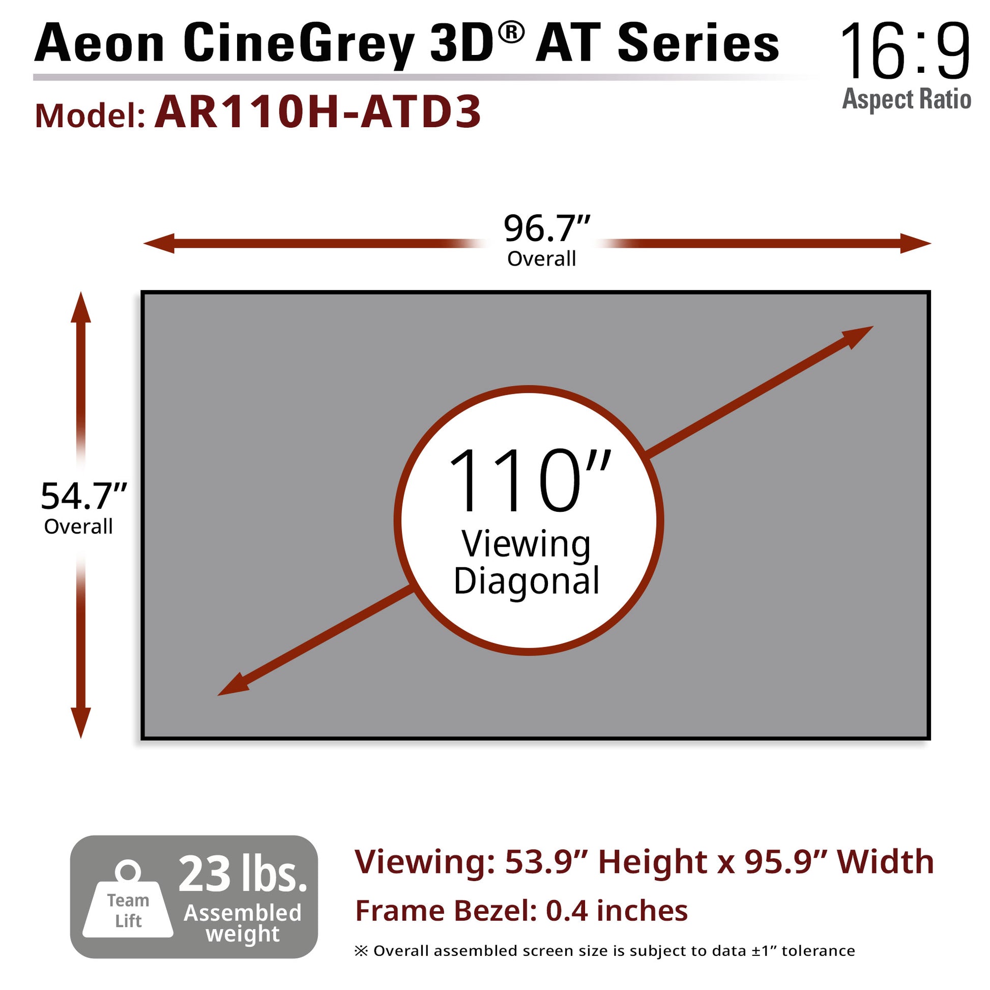 Aeon CineGrey 3D AT Series screen with dimensions and specifications.
