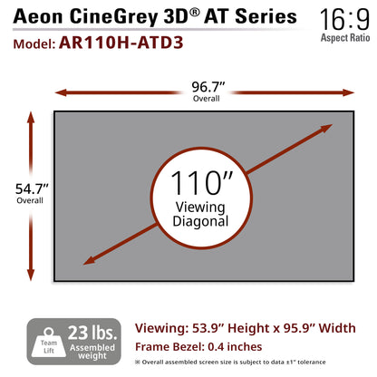Aeon CineGrey 3D AT Series screen with dimensions and specifications.