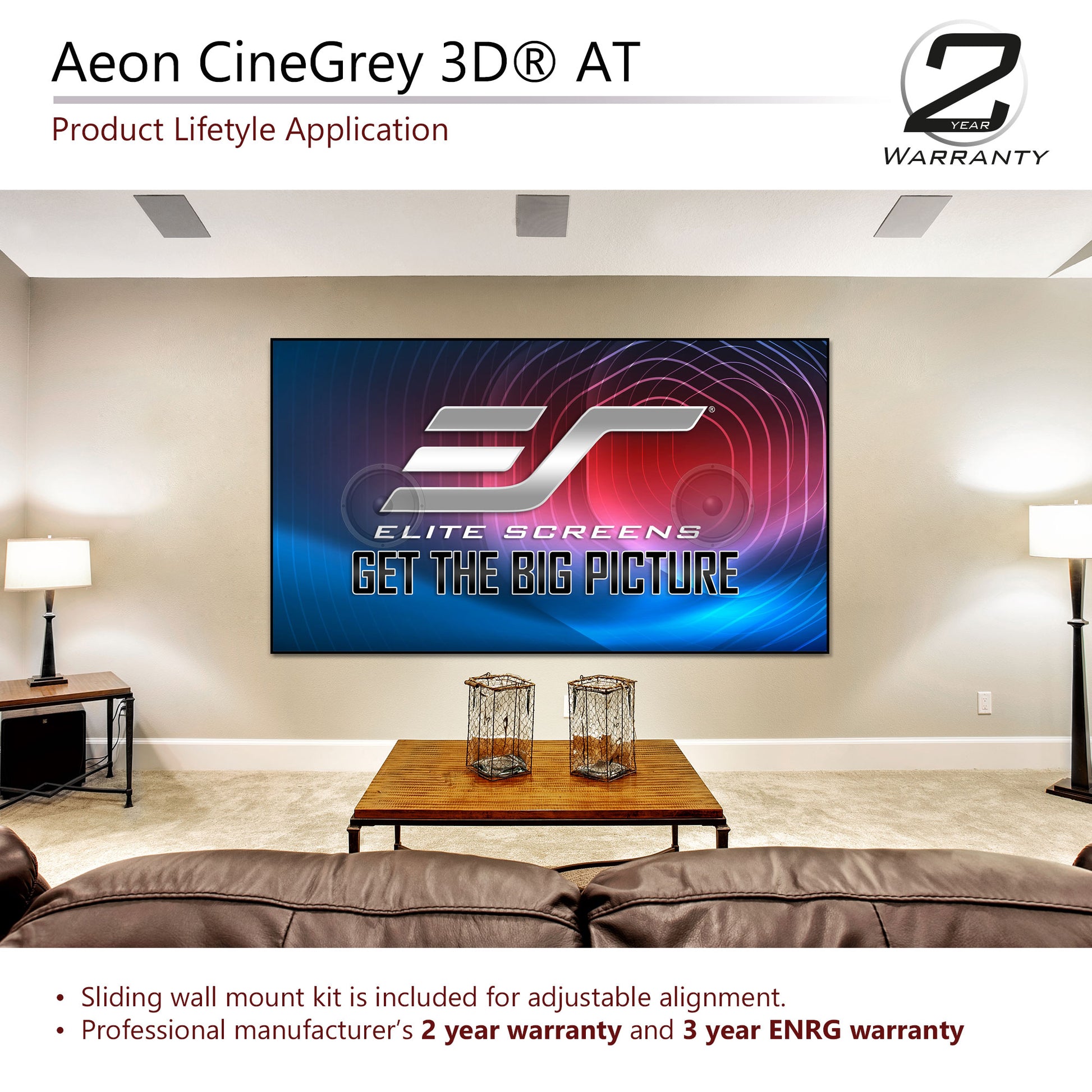 Living room with Elite Screens TV mounted on the wall, displaying 'Elite Screens Get the Big Picture'.
