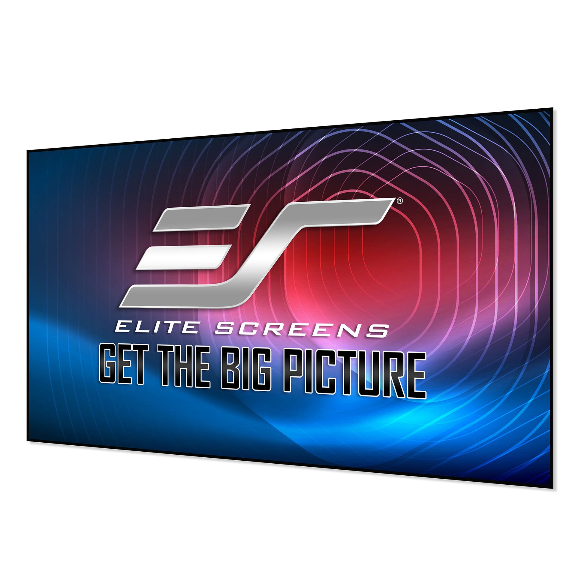 Elite Screens projection screen with colorful design and logo on a white background
