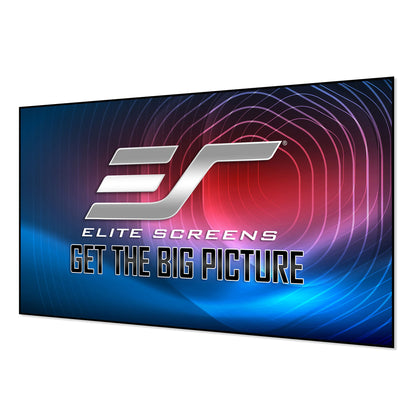 Elite Screens projection screen with colorful design and logo on a white background