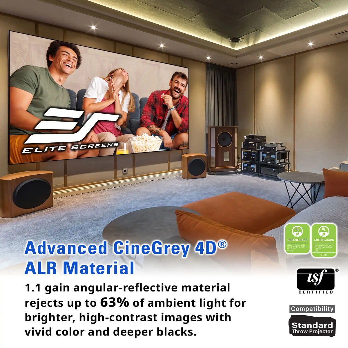 A home theater interior showing a large cinematic wall screen with a movie scene, alongside speakers, audio equipment, and a carpeted room. Text at the bottom reads 'Advanced CineGrey 4D ALR Material' with feature claims and certification logos including TUV and Standard Screen Protector.