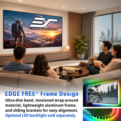 A modern living room scene showing several people sitting on a sofa watching a large wall-mounted TV screen. The TV displays a sci-fi landscape with an astronaut and the Elite Screens logo.
