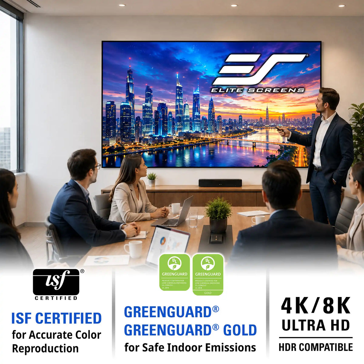 A large wall-mounted display in a modern office shows a city skyline at sunset, with several people seated and one standing presenter pointing at the screen. The image includes marketing text badges at the bottom for ISF certification, GREENGUARD Gold, 4K/8K Ultra HD, and HDR compatibility.