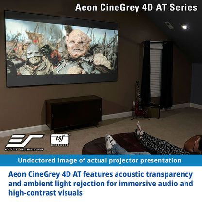 Home theater setup with a large screen displaying a movie scene, featuring Elite Screens and SJF logos.