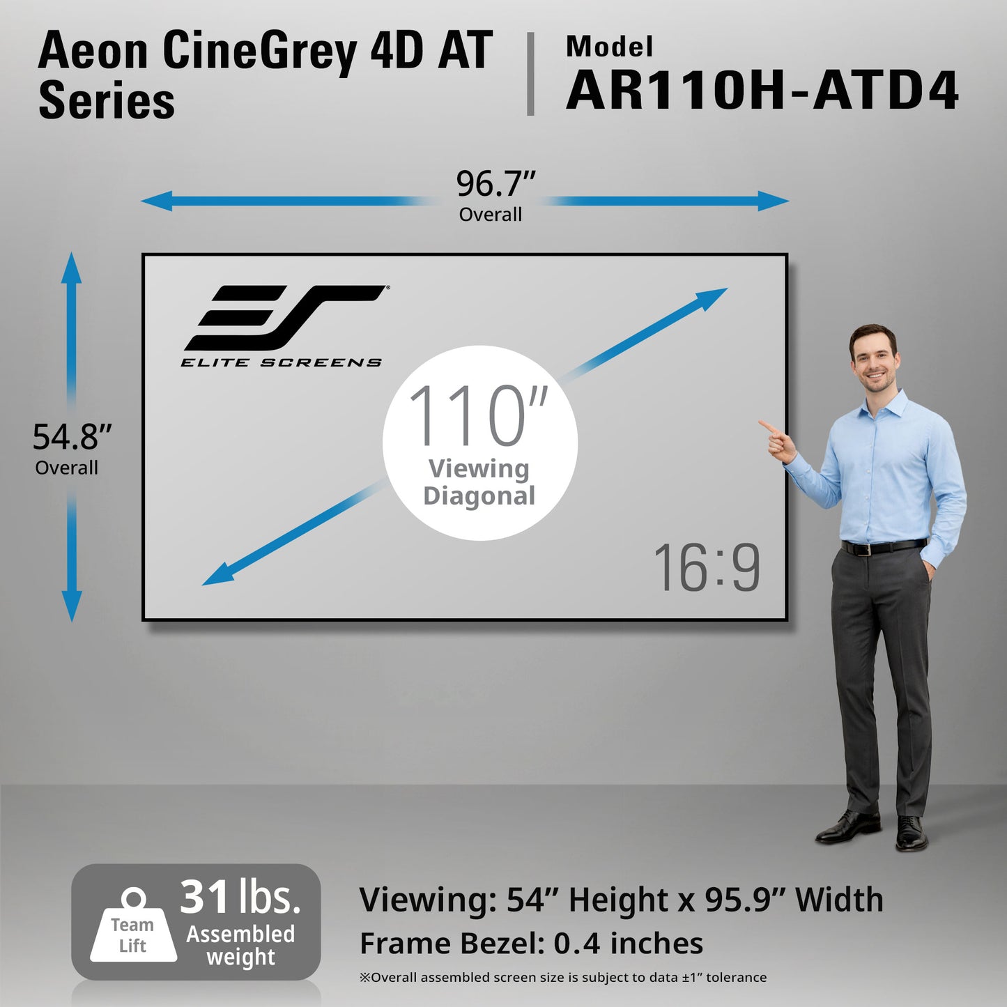 Elite Screens Aeon CineGrey 4D AT Series display with dimensions and a person pointing at it.