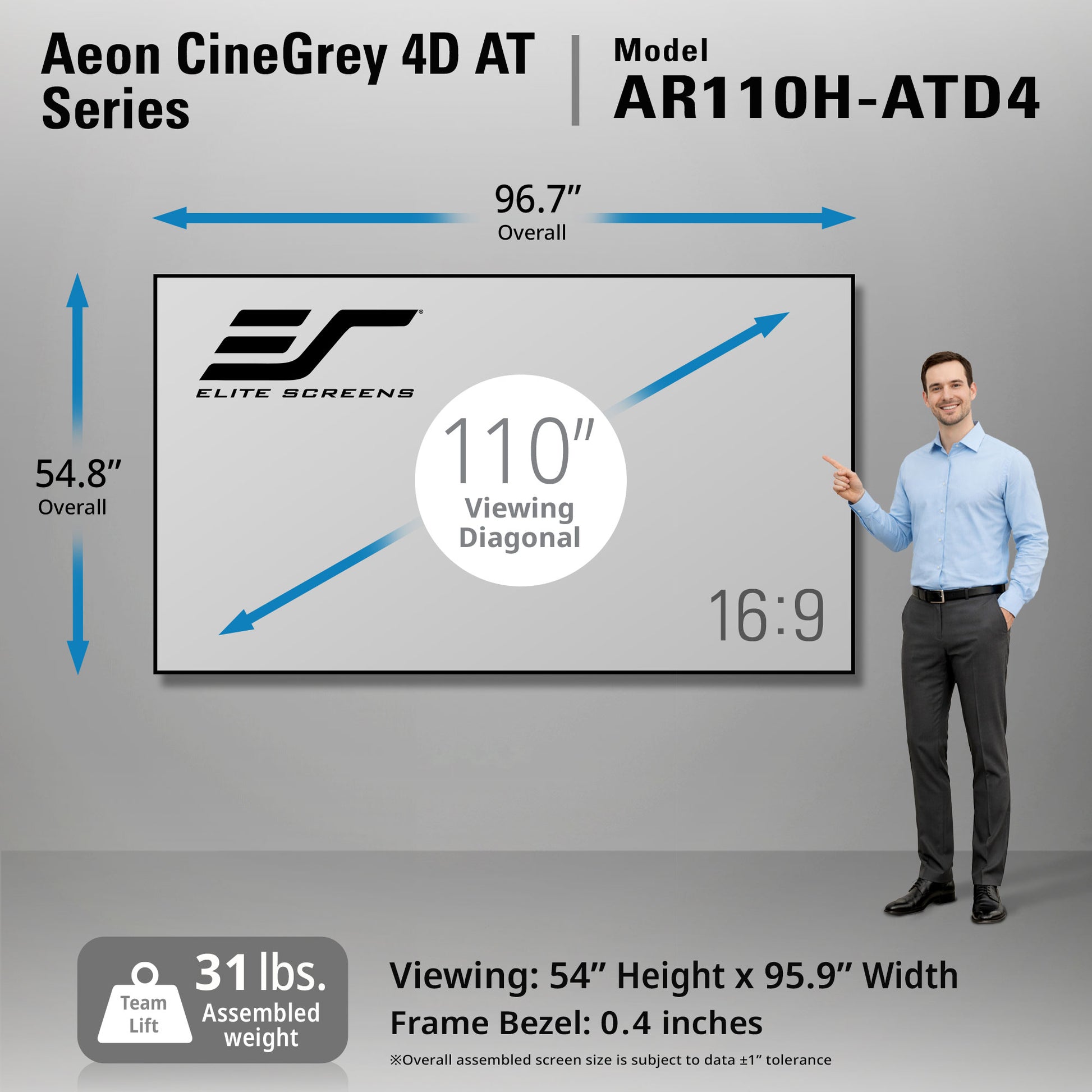 Elite Screens Aeon CineGrey 4D AT Series display with dimensions and a person pointing at it.