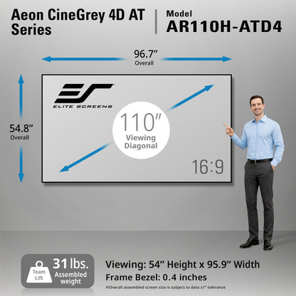 Elite Screens Aeon CineGrey 4D AT Series display with dimensions and a person pointing at it.