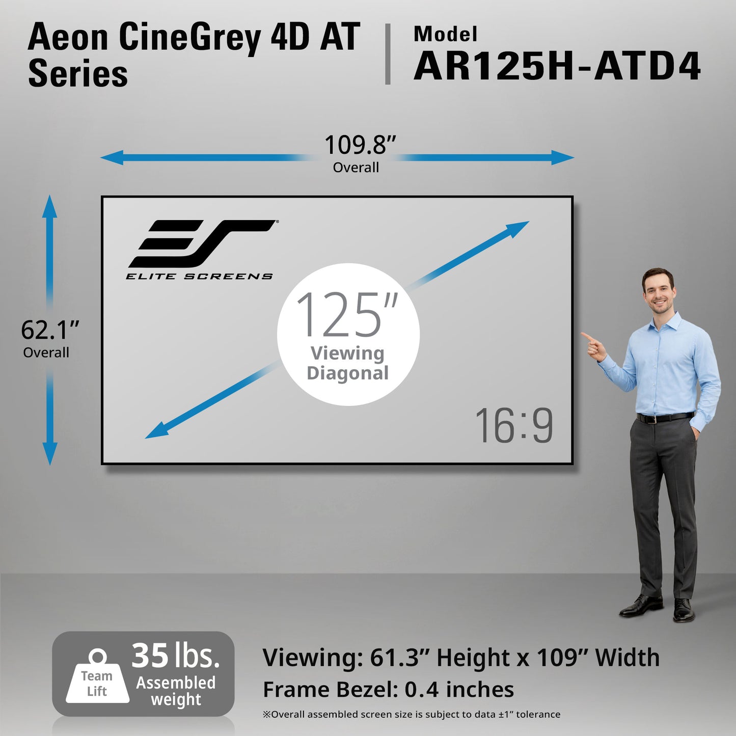Elite Screens Aeon CineGrey 4D AT Series screen with dimensions and specifications, displayed against a gray background.