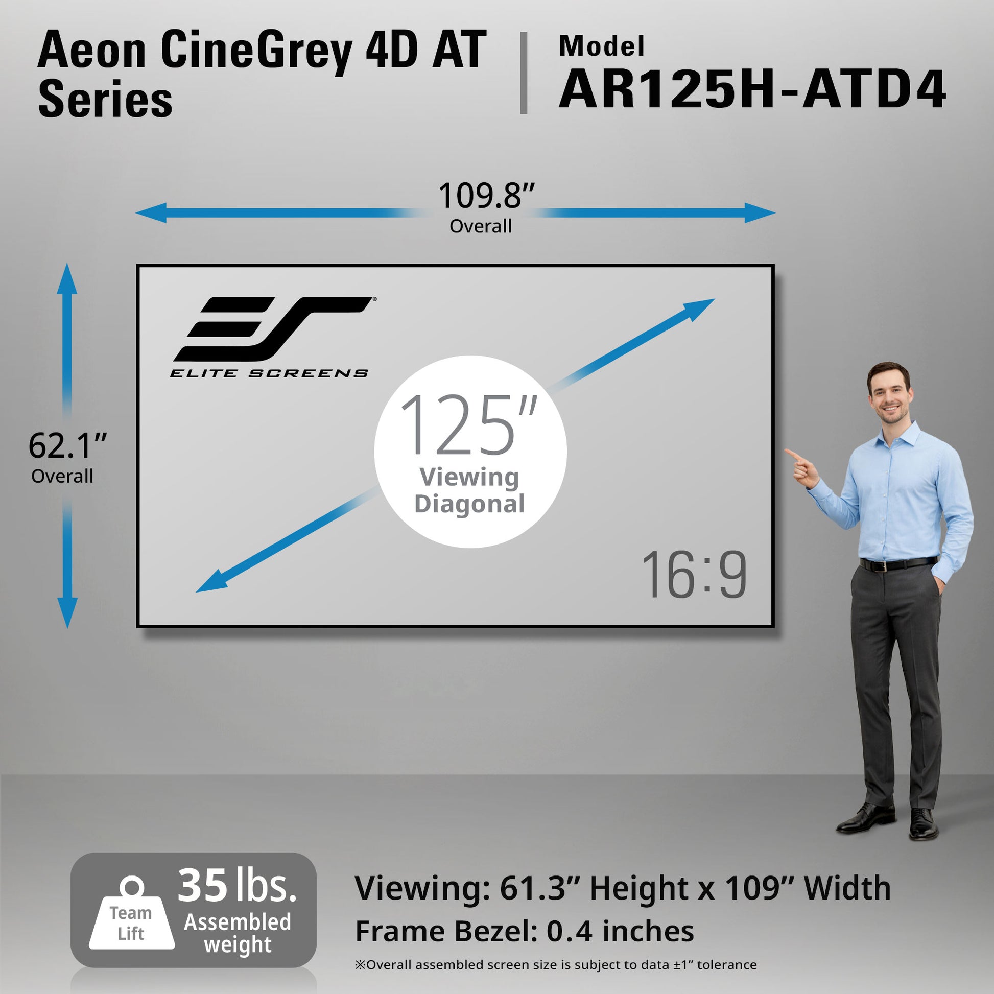 Elite Screens Aeon CineGrey 4D AT Series screen with dimensions and specifications, displayed against a gray background.