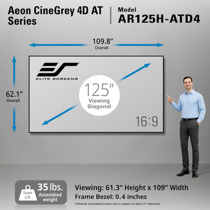 Elite Screens Aeon CineGrey 4D AT Series screen with dimensions and specifications, displayed against a gray background.
