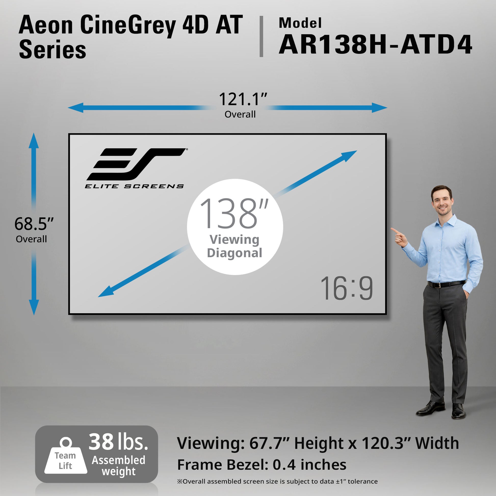 Elite Screens Aeon CineGrey 4D AT Series monitor with dimensions and specifications on a gray background