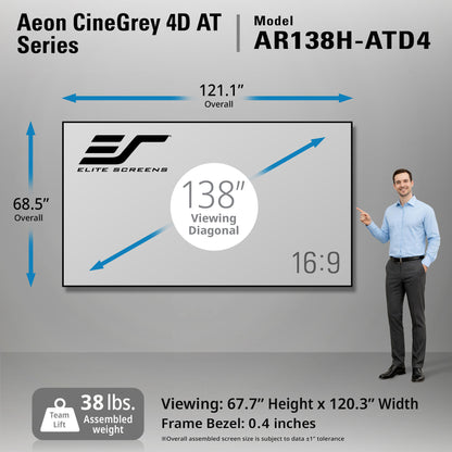Elite Screens Aeon CineGrey 4D AT Series monitor with dimensions and specifications on a gray background