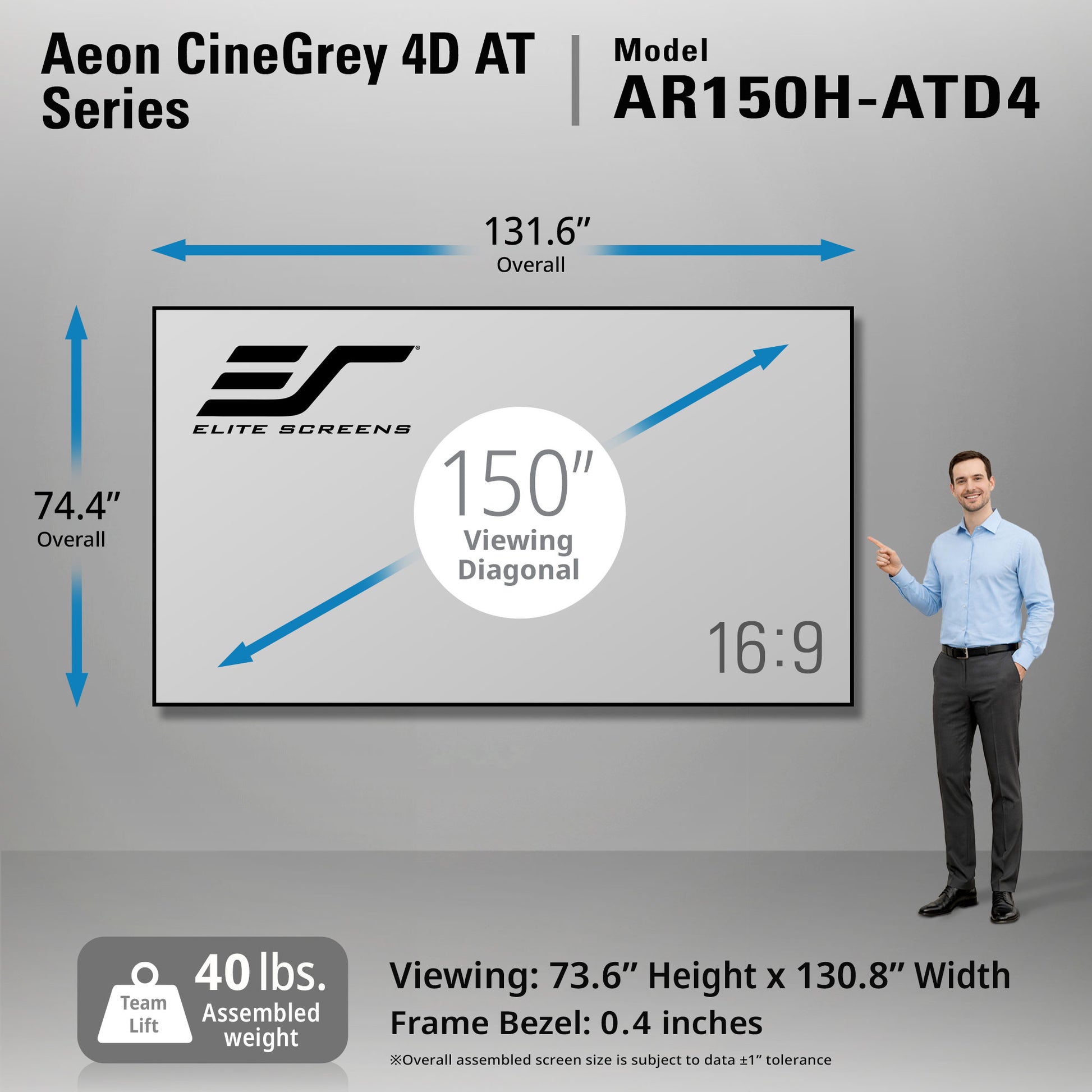 Elite Screens Aeon CineGrey 4D AT Series screen with dimensions and specifications on a gray background.