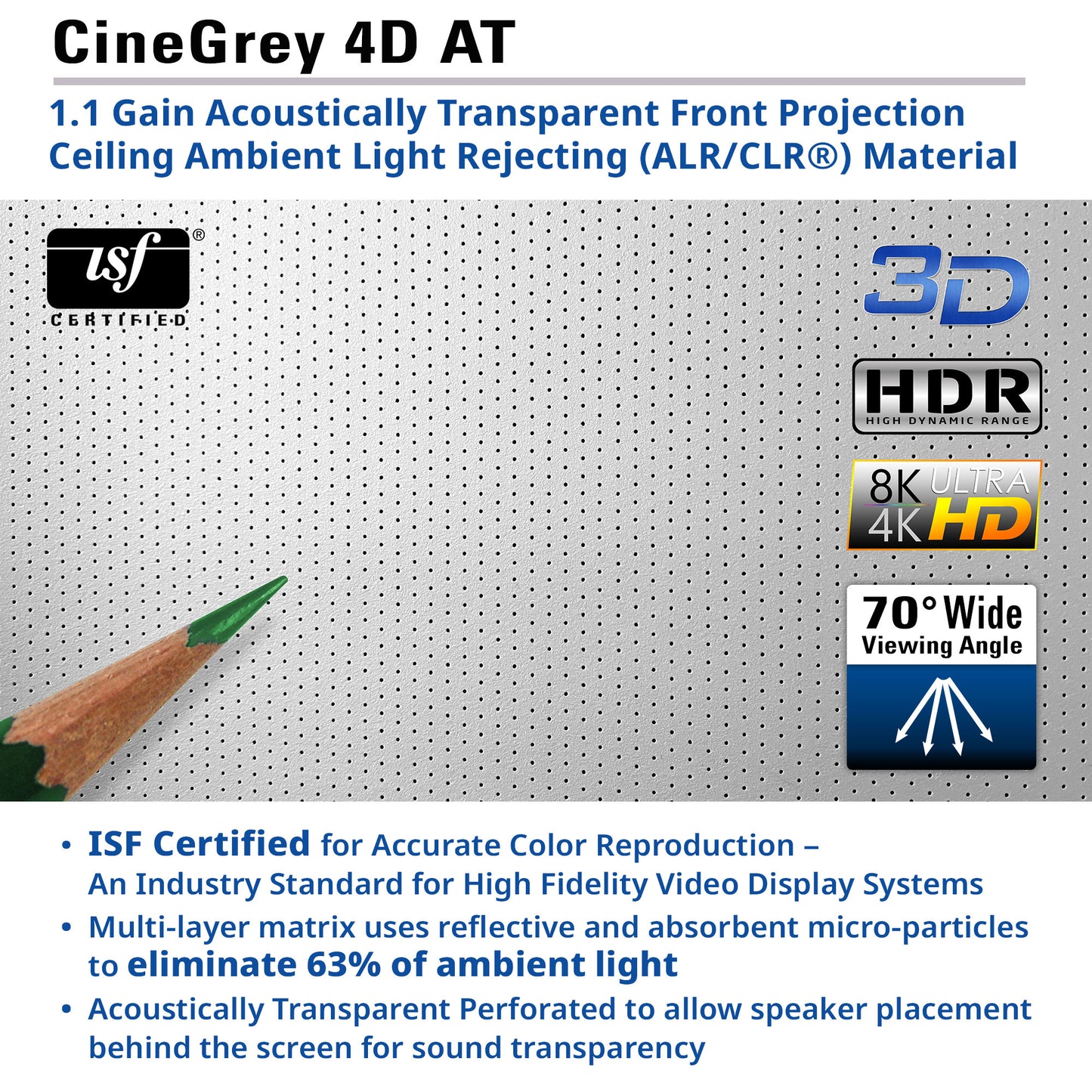 CineGrey 4D AT material with pencil for scale, featuring ISF certification and technical specifications.