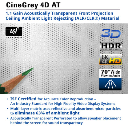 CineGrey 4D AT material with pencil for scale, featuring ISF certification and technical specifications.