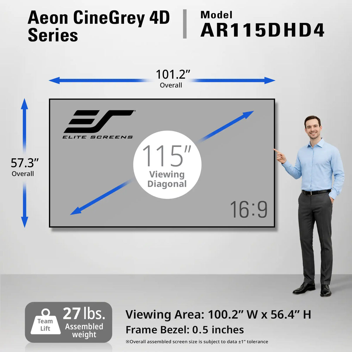 A large wall-mounted cinema screen display with dimension callouts and a man standing beside it. The image includes text reading 'Aeon CineGrey 4D Series', 'Model AR115DHD4', '115" Viewing Diagonal', '100.
