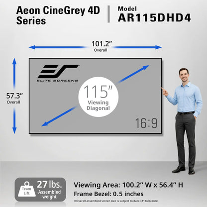 A large wall-mounted cinema screen display with dimension callouts and a man standing beside it. The image includes text reading 'Aeon CineGrey 4D Series', 'Model AR115DHD4', '115" Viewing Diagonal', '100.